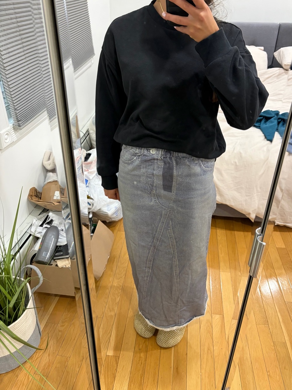 Classic Washed fake Denim Midi Skirt - Gray